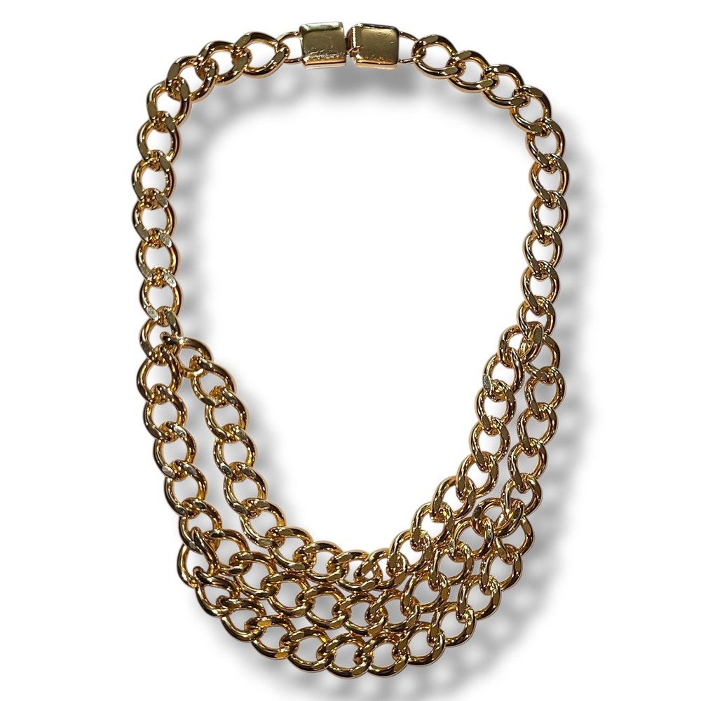 Vintage Chunky Gold Tone Triple Chain Cuban Link Statement Necklace 17" Bib